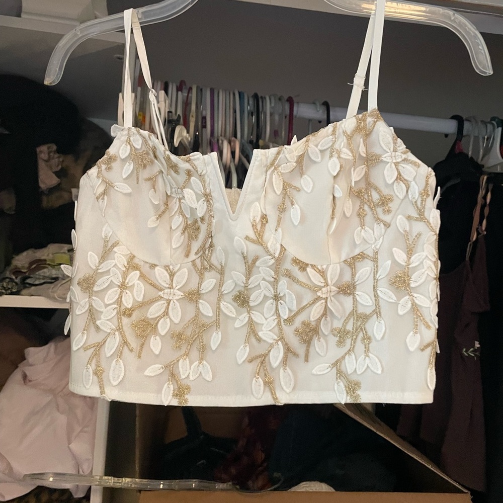 White and Gold Floral Embroidered Crop Top